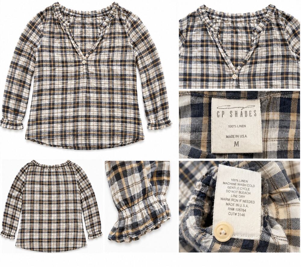 CP Shades 100% Linen Plaid Blouse Medium Ruffle Neck Made USA